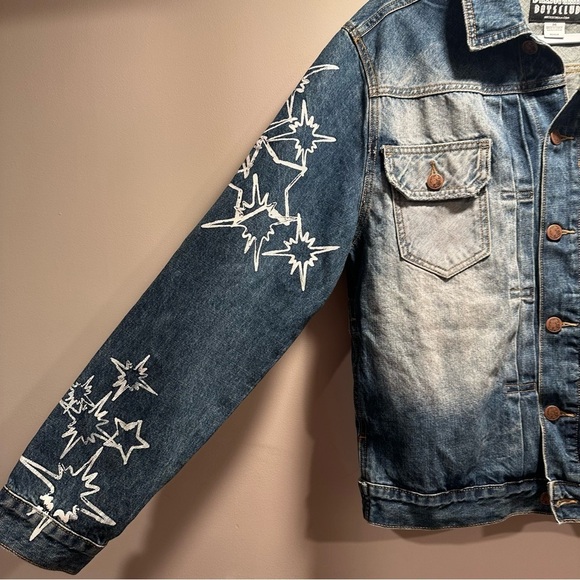 Billionaire Boys Club Button Up Denim Jacket Stars Faded Wash Distressed Collar - Picture 9 of 16